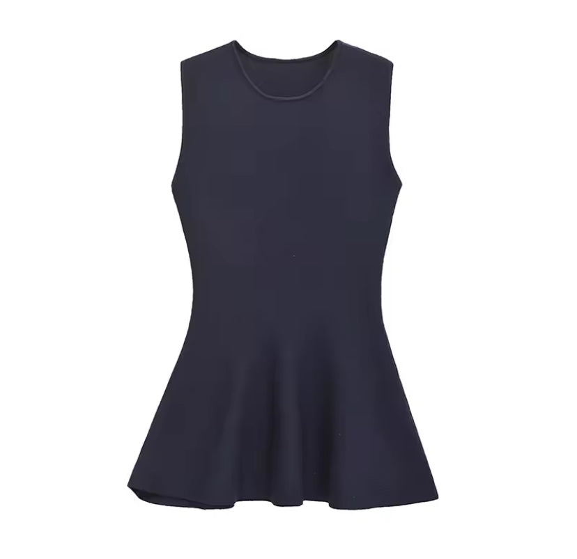 Elegant Ruffle Top & Wide-Leg Pant Set – Dark Blue