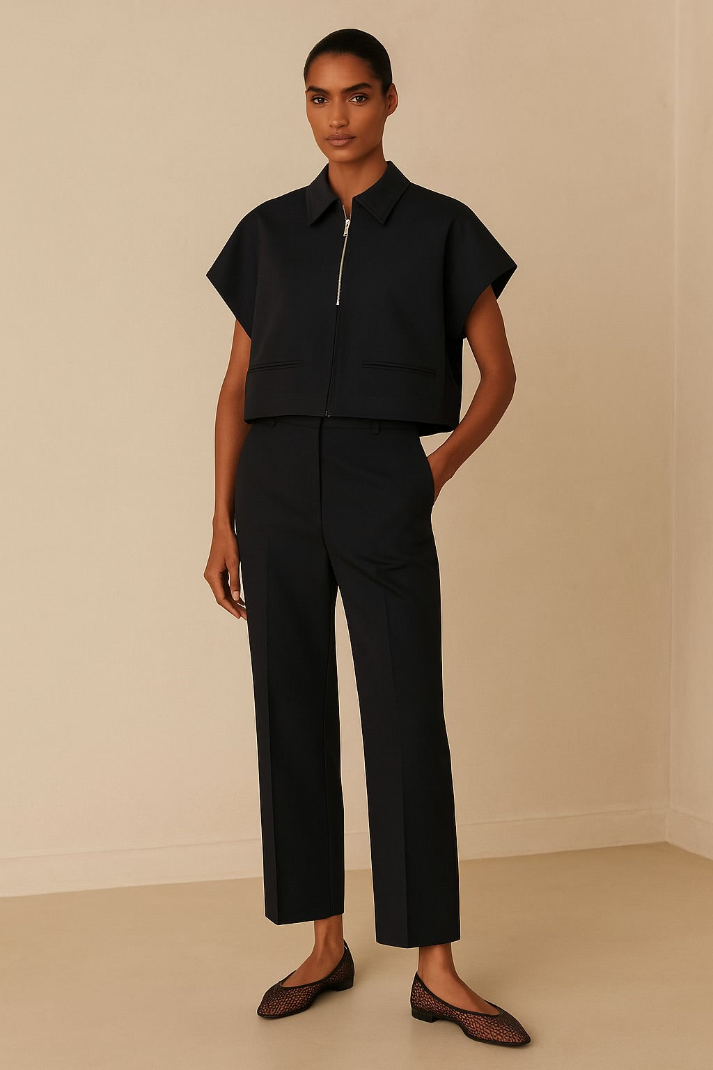 Women's Black Two-Piece Set – Slim Lapel Zipper Top & Wide-Leg Pants