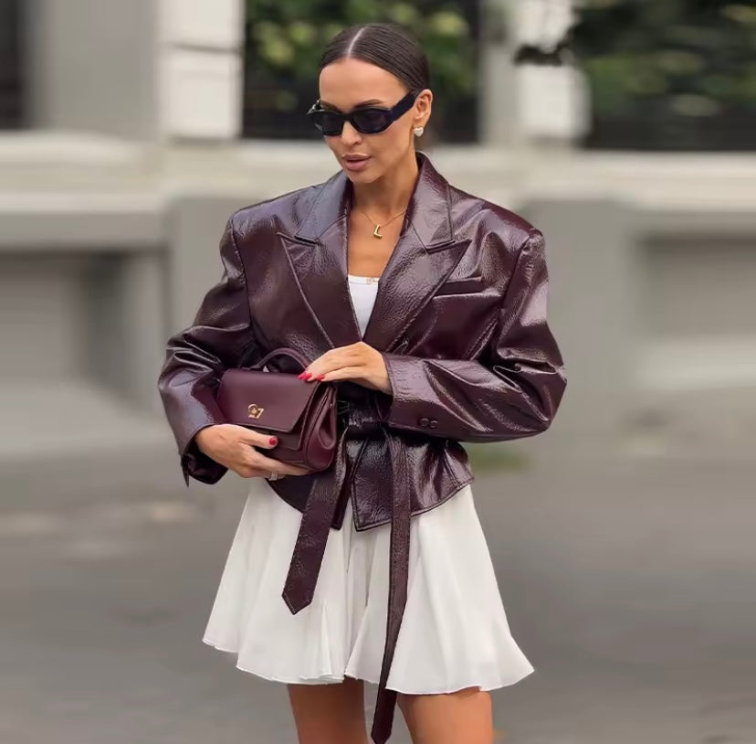 Burgundy Belted Leather Blazer – Tailored Luxe with Modern Edge