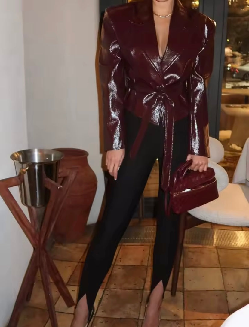 Burgundy Belted Leather Blazer – Tailored Luxe with Modern Edge