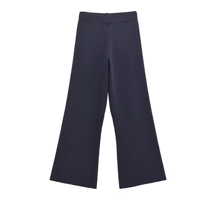 Elegant Ruffle Top & Wide-Leg Pant Set – Dark Blue