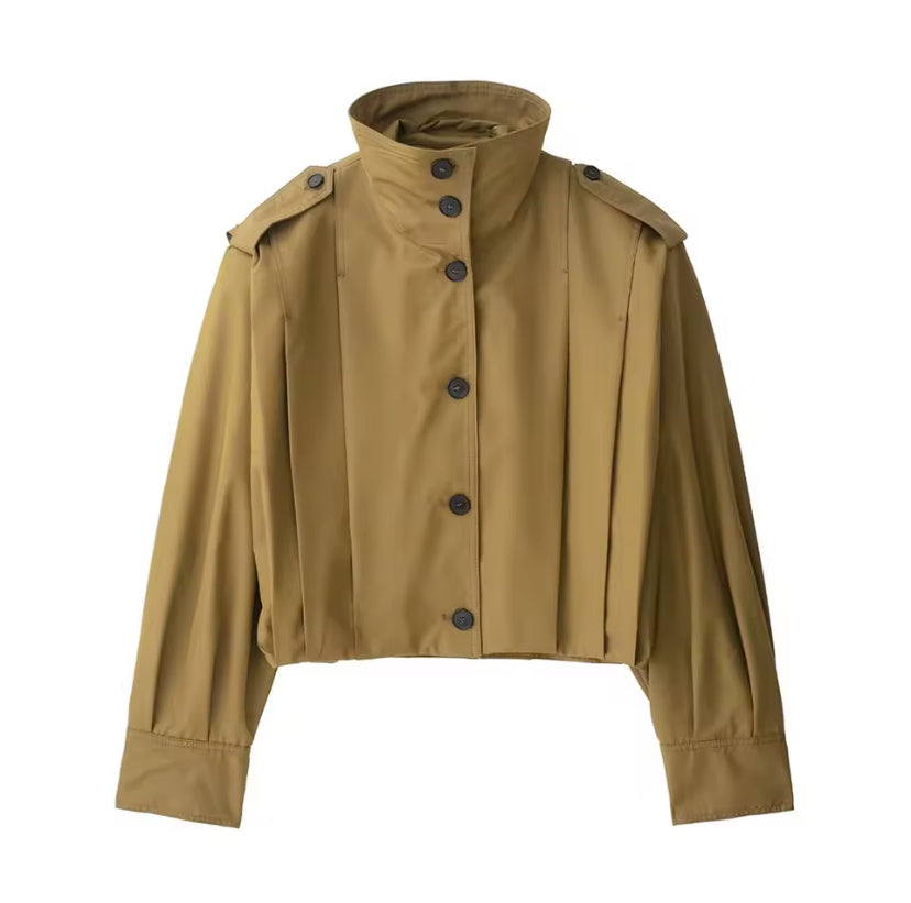 Women's Loose Fit Green Lapel Jacket – Single Breasted, Cropped Spring/Summer Coat