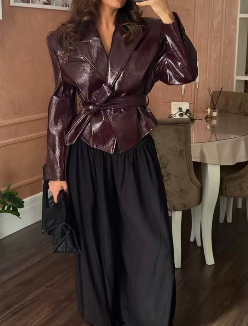 Burgundy Belted Leather Blazer – Tailored Luxe with Modern Edge