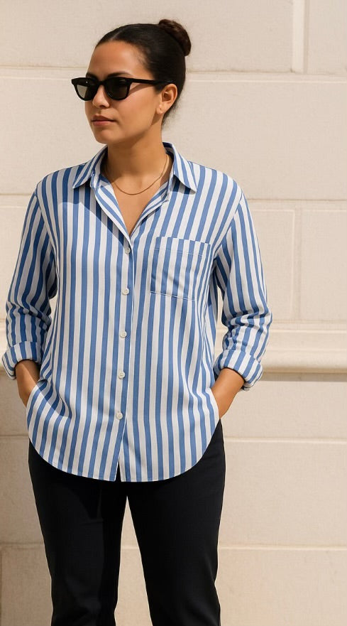 Classic Blue & White Striped Button-Up Long Sleeve