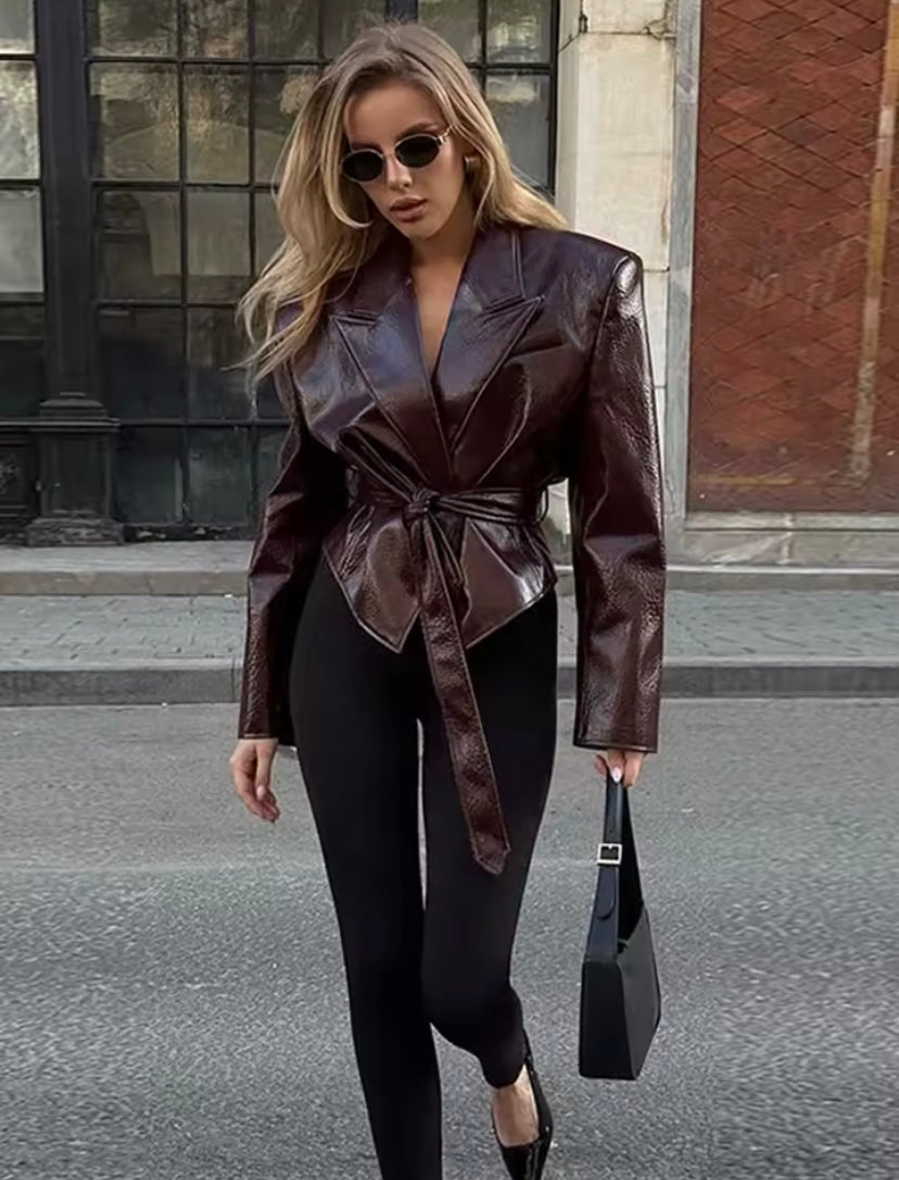 Burgundy Belted Leather Blazer – Tailored Luxe with Modern Edge