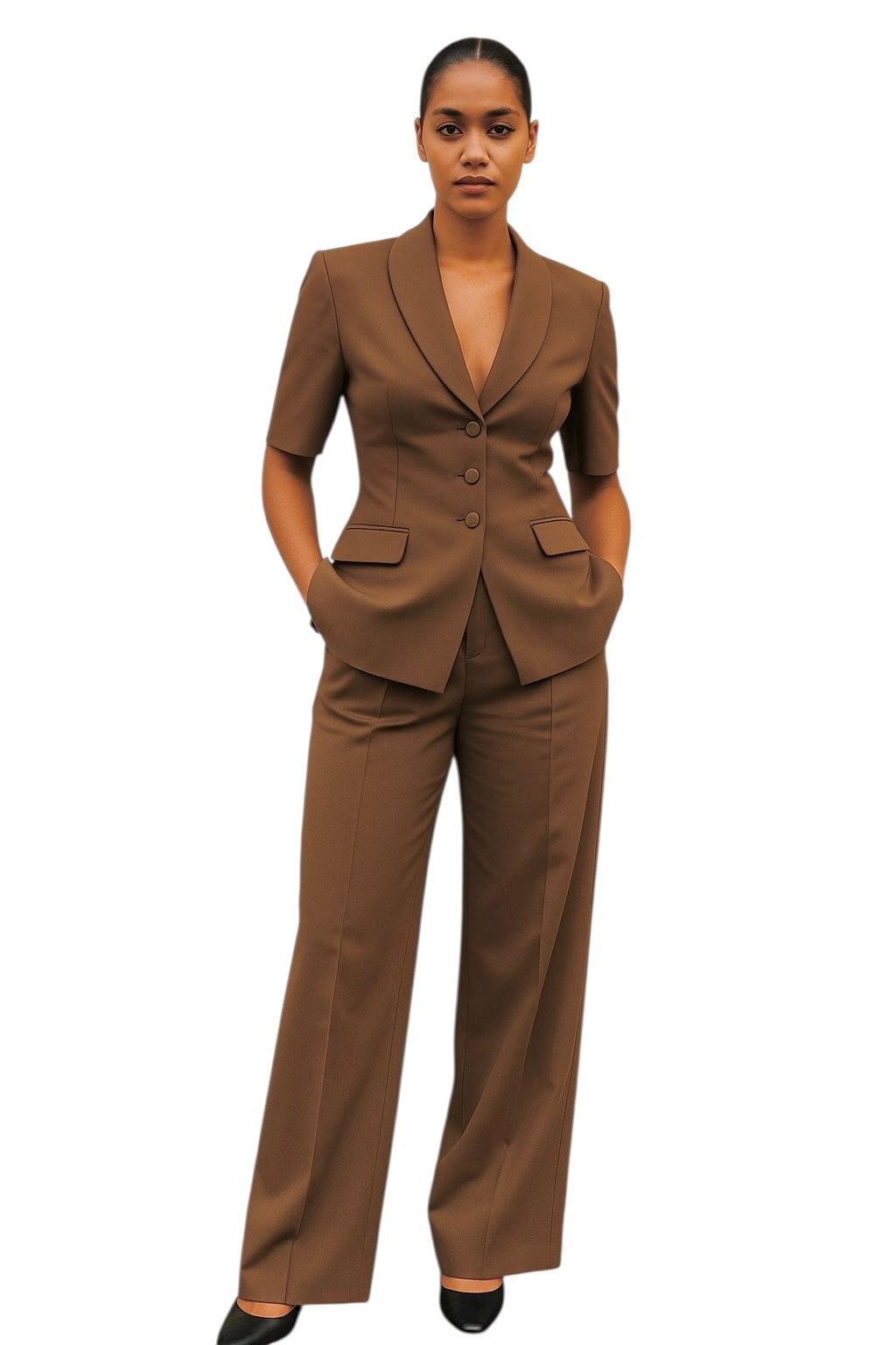 Minimalist V-Neck Short Sleeve Blazer & Straight Leg Trousers Set – Women's 2-Piece Suit