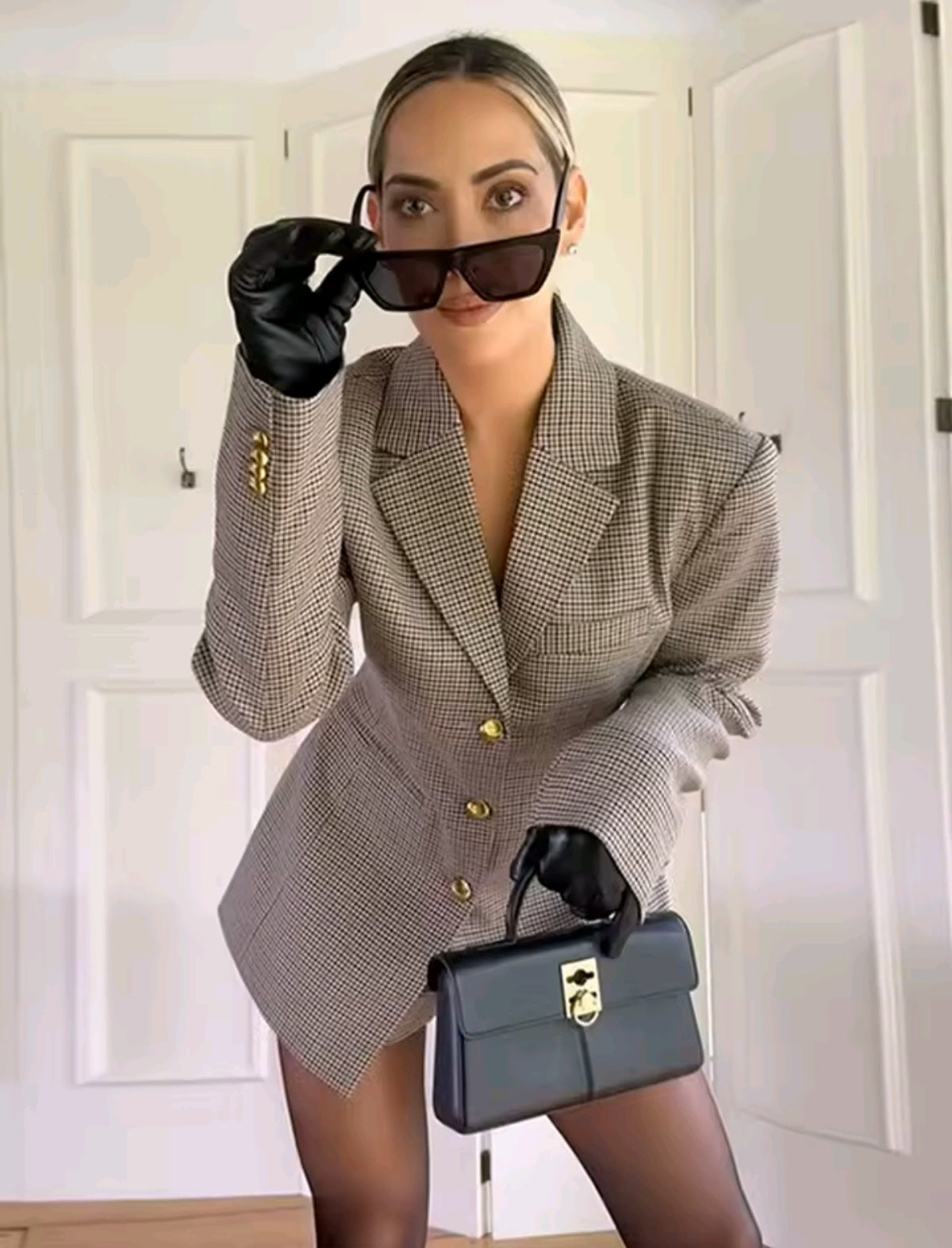 Elegant Checkered Overcoat with Gold Button Detail