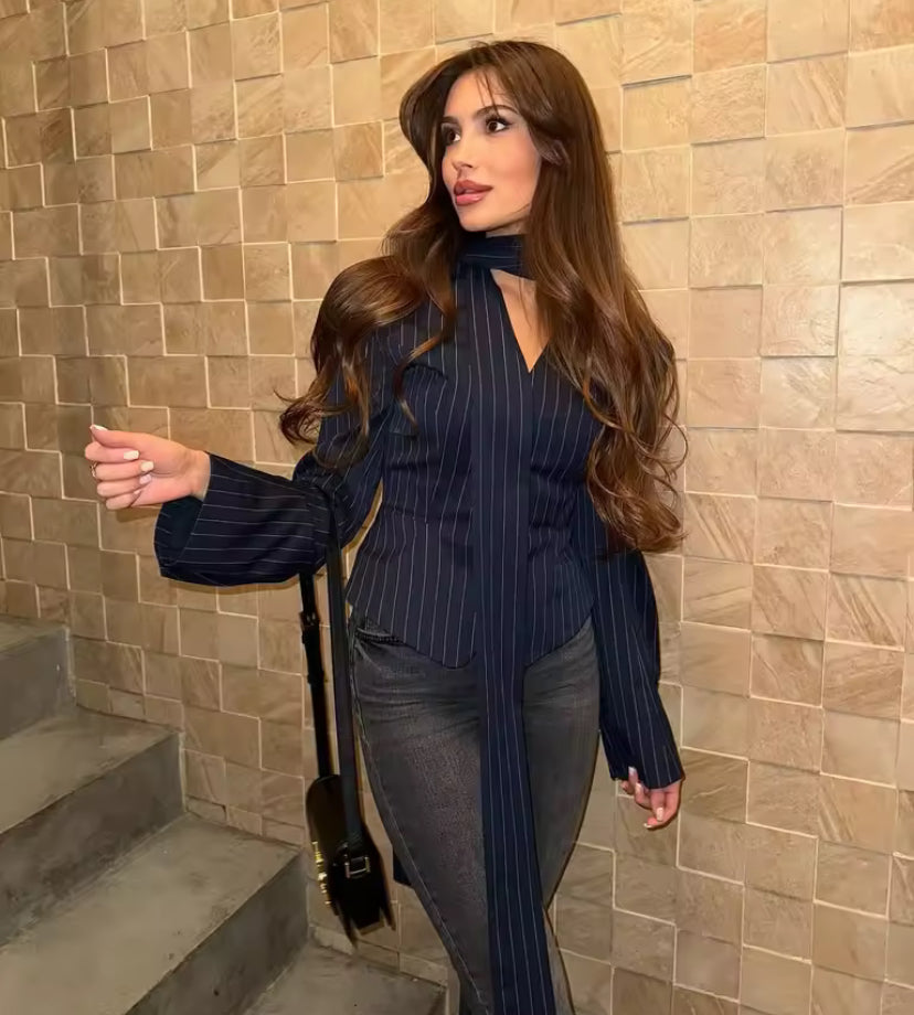 Elegant V-Neck Striped Blazer– Luxury Party Outfit for Women