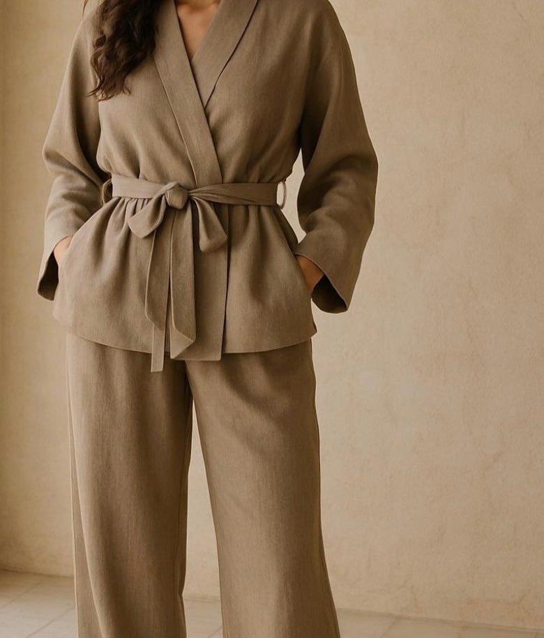 Khaki Kimono Loungewear Set - Elegant Two-Piece with Cardigan Top & Wide-Leg Pants