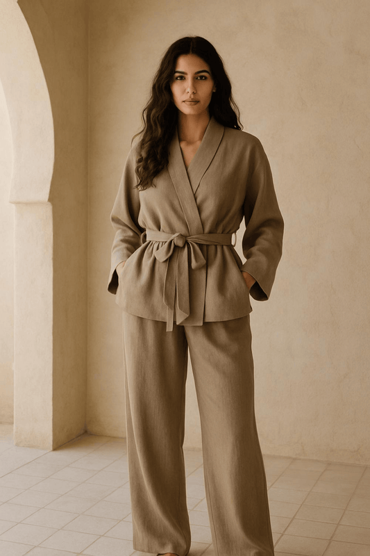 Khaki Kimono Loungewear Set - Elegant Two-Piece with Cardigan Top & Wide-Leg Pants