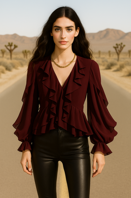 Elegant Maroon Ruffle Blouse – Flowing Chiffon with Statement Sleeves
