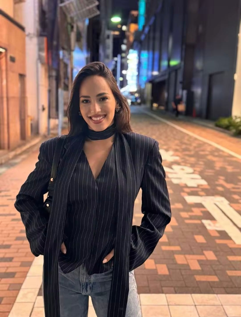 Elegant V-Neck Striped Blazer– Luxury Party Outfit for Women