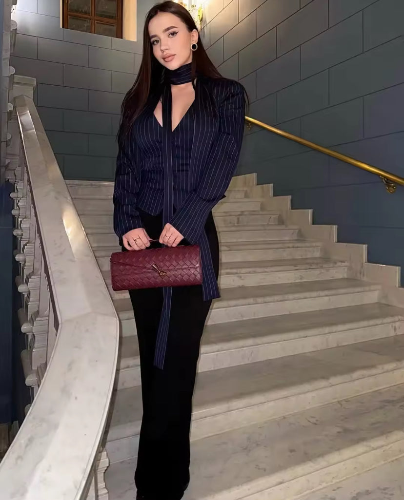 Elegant V-Neck Striped Blazer– Luxury Party Outfit for Women