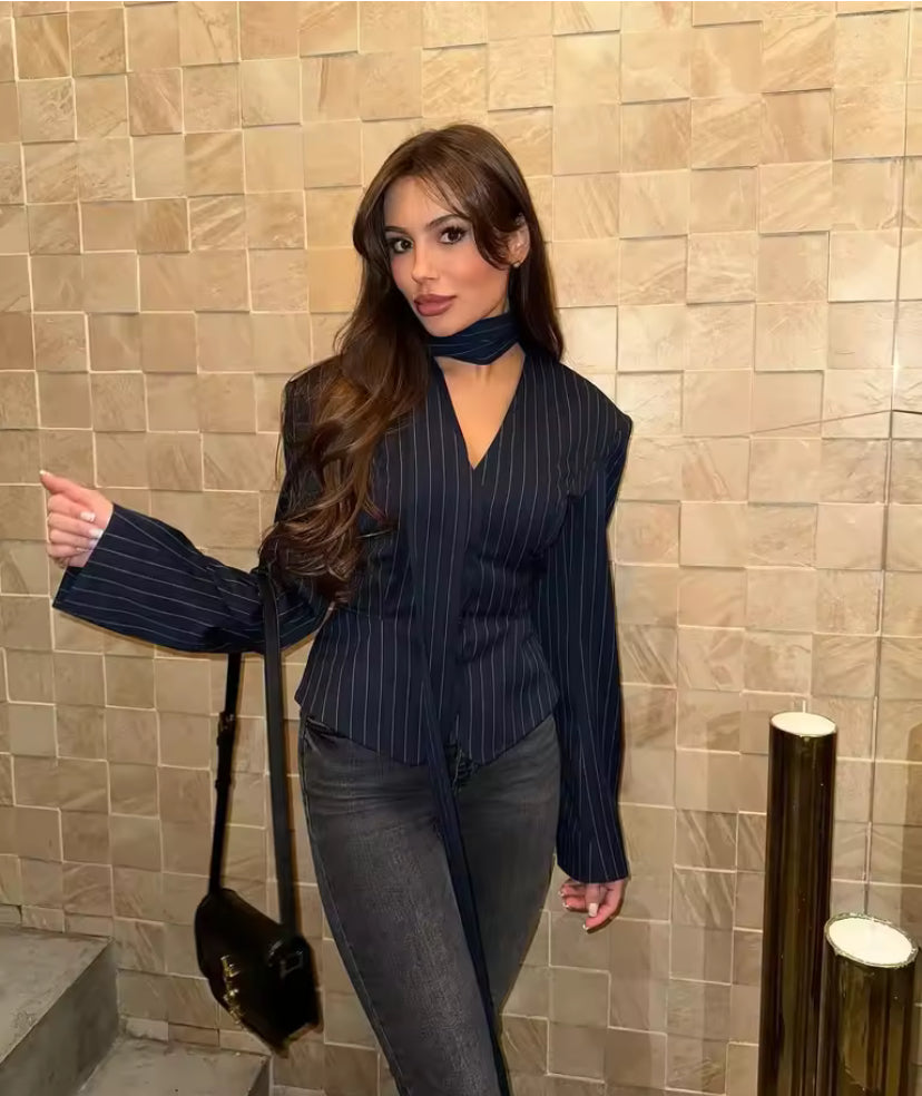 Elegant V-Neck Striped Blazer– Luxury Party Outfit for Women