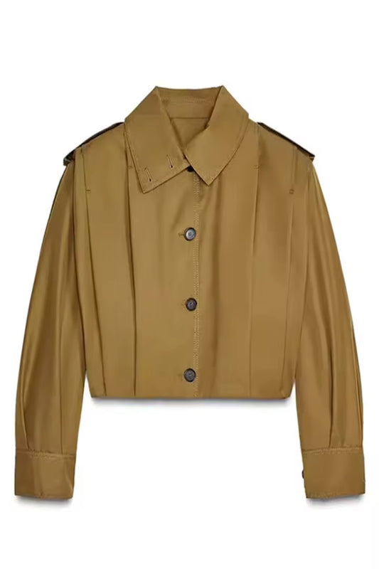 Women's Loose Fit Green Lapel Jacket – Single Breasted, Cropped Spring/Summer Coat