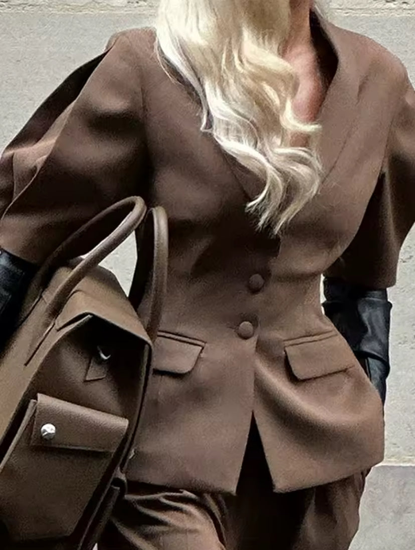 Minimalist V-Neck Short Sleeve Blazer & Straight Leg Trousers Set – Women's 2-Piece Suit