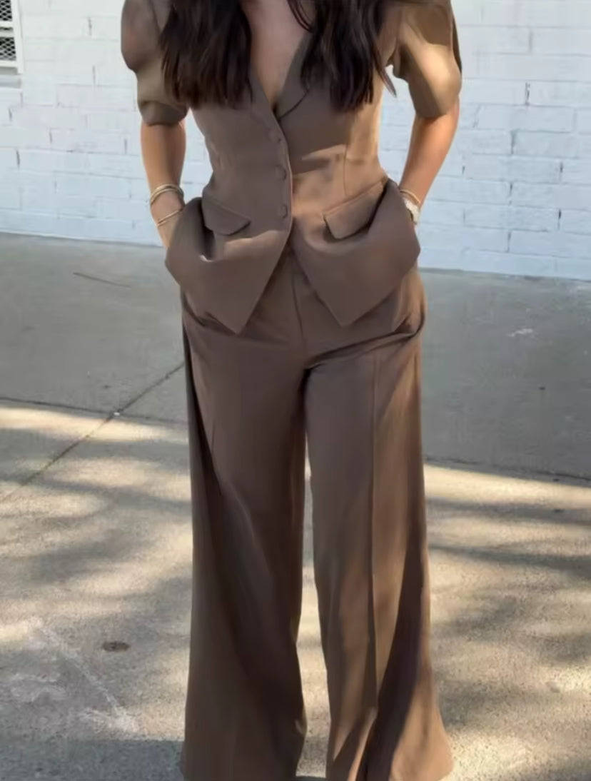 Minimalist V-Neck Short Sleeve Blazer & Straight Leg Trousers Set – Women's 2-Piece Suit