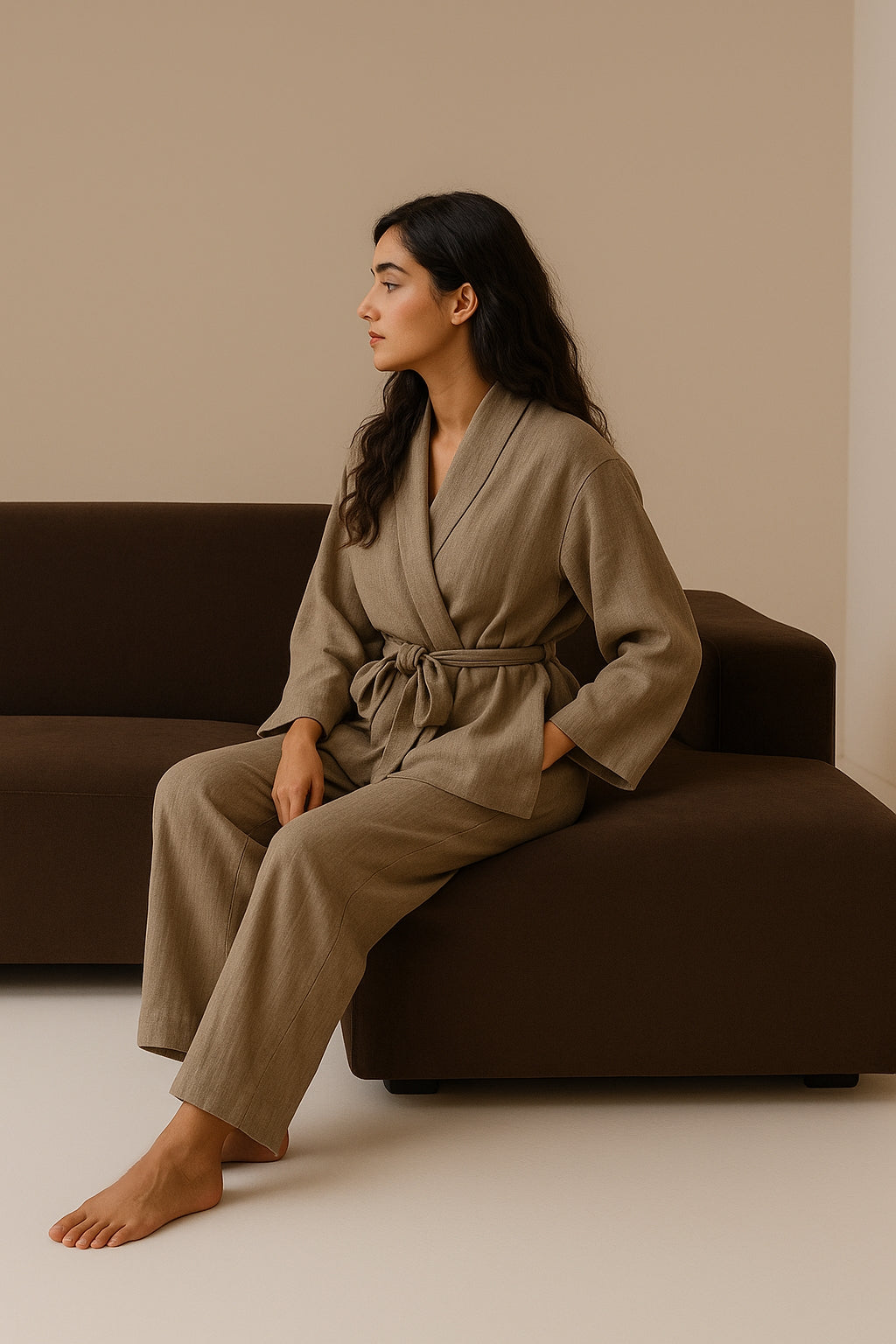 Khaki Kimono Loungewear Set - Elegant Two-Piece with Cardigan Top & Wide-Leg Pants
